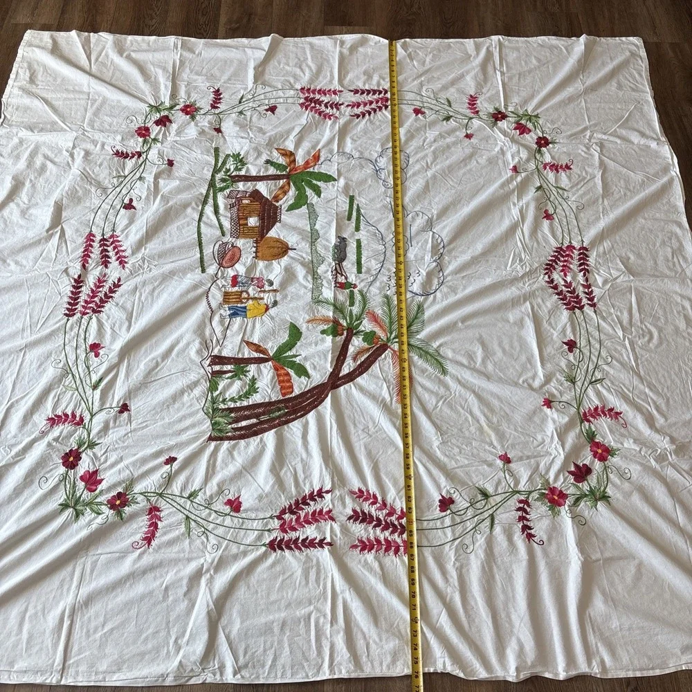 Rare Vintage Embroidered Island Scene 81x76 Bedsheet ART Flowers‎ Palms Mountain